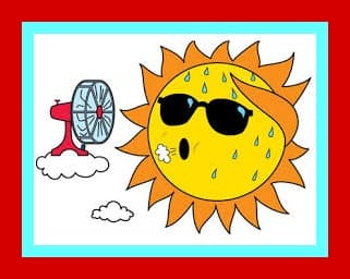 Cartoon of a sweating sun, wearing shades in front of an electric fan